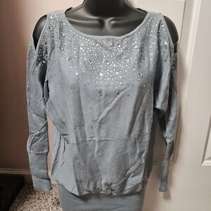 VENUS Blue Embellished Cold Shoulder Sweater